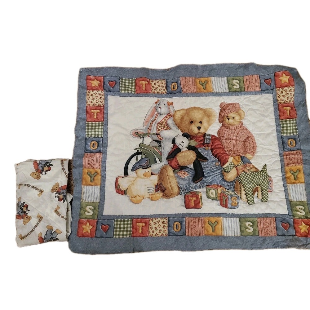 Quilted Blue Jean Teddy Bear Blocks Quilt Baby Blanket Wall Hanging + Sheet